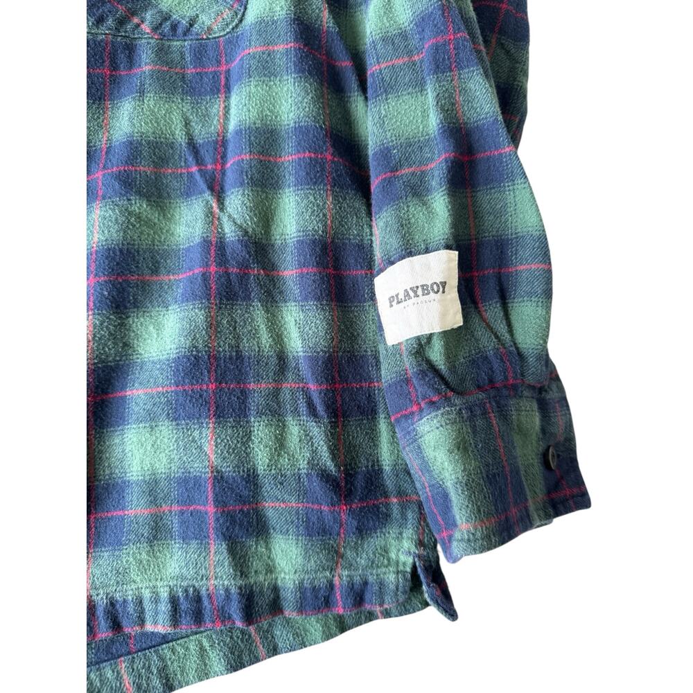 Playboy PacSun Green Blue Plaid Flannel Shirt Men’s Medium Long Sleeve - Picture 4 of 9